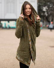 Aztec Hooded Cardigan Jacket Olive Green
