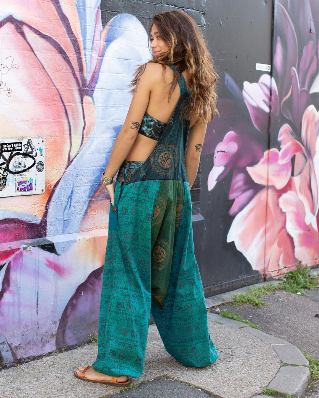 Patchwork Ohm Mandala Baggy Dungarees Blue/Green