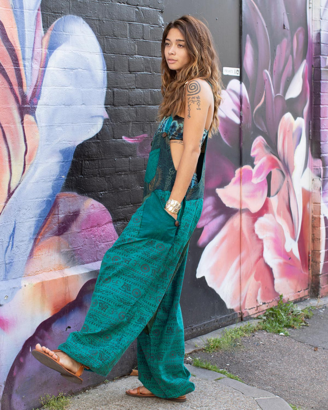 Patchwork Ohm Mandala Baggy Dungarees Blue/Green