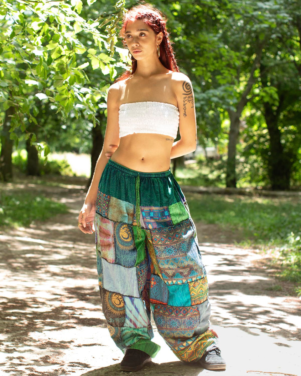 Patchwork Baggy Harem Pants Dark Green Unisex – blackpearlshop.co.uk