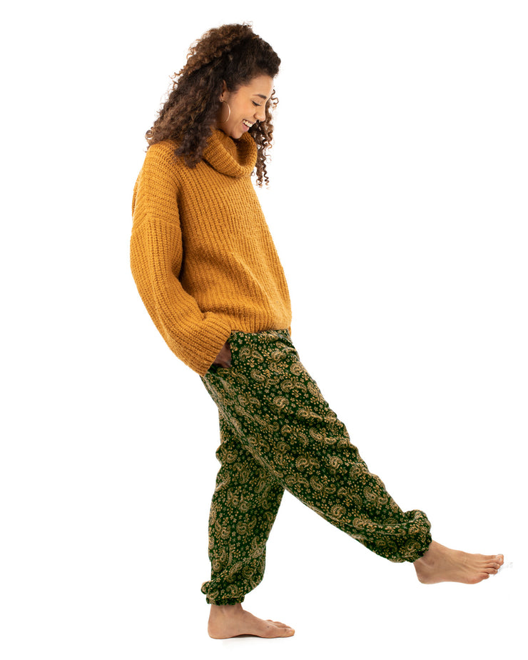 Flowers and Paisley Winter Harem Pants Green
