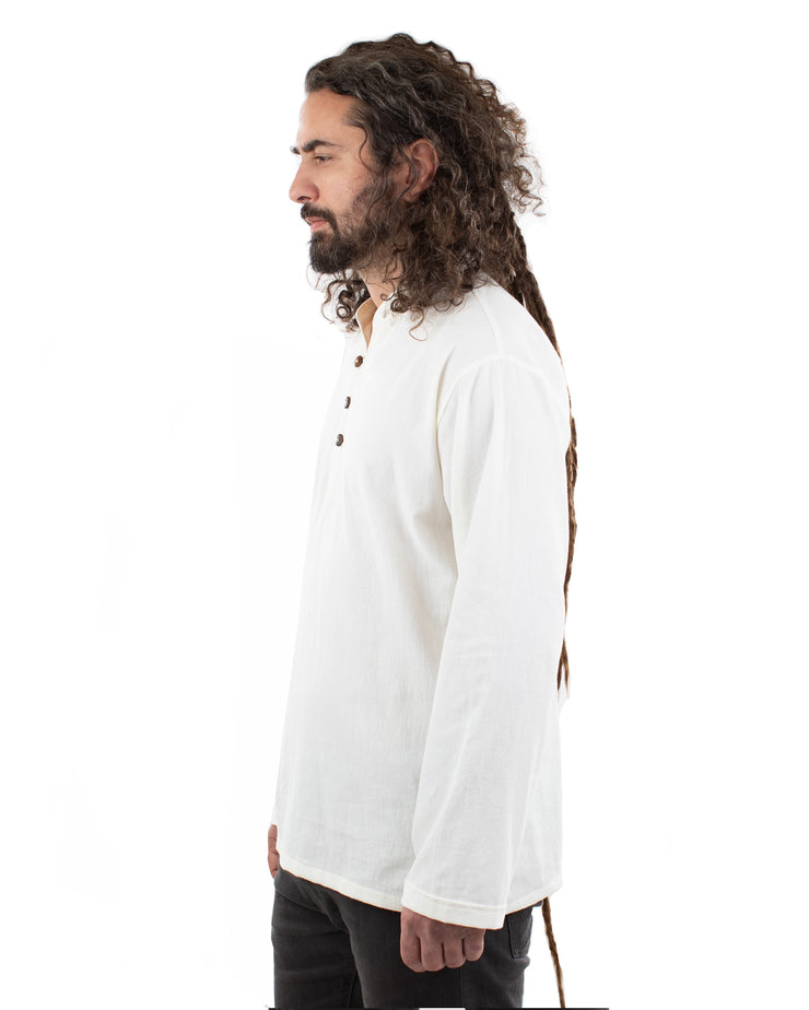 Collarless Long Sleeved Cotton Shirt Cream