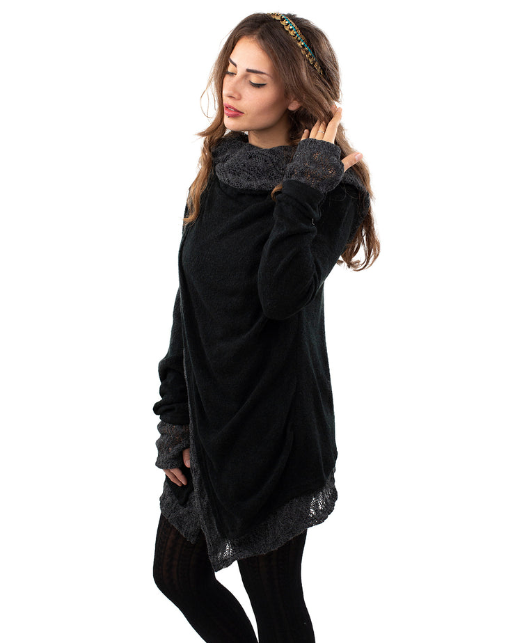Solstice Crochet Lace Hooded Cardigan Jacket Black/Grey