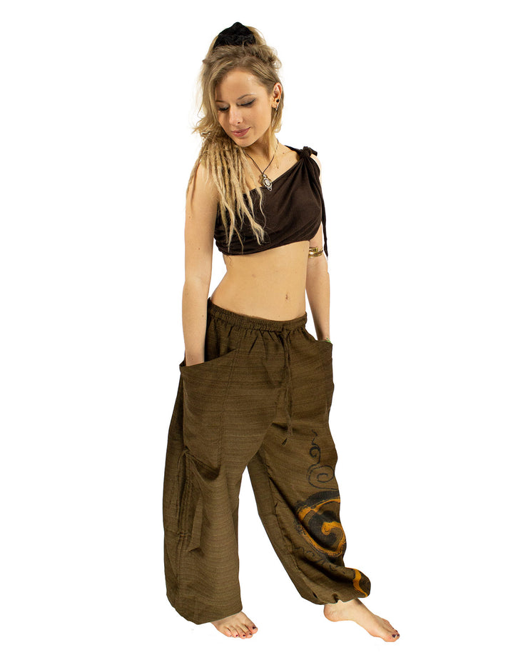 Cotton Low rise Harem Spiral Trousers Brown