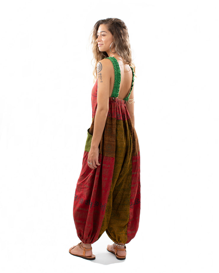 Patchwork Ohm Mandala Dungarees Red/Green