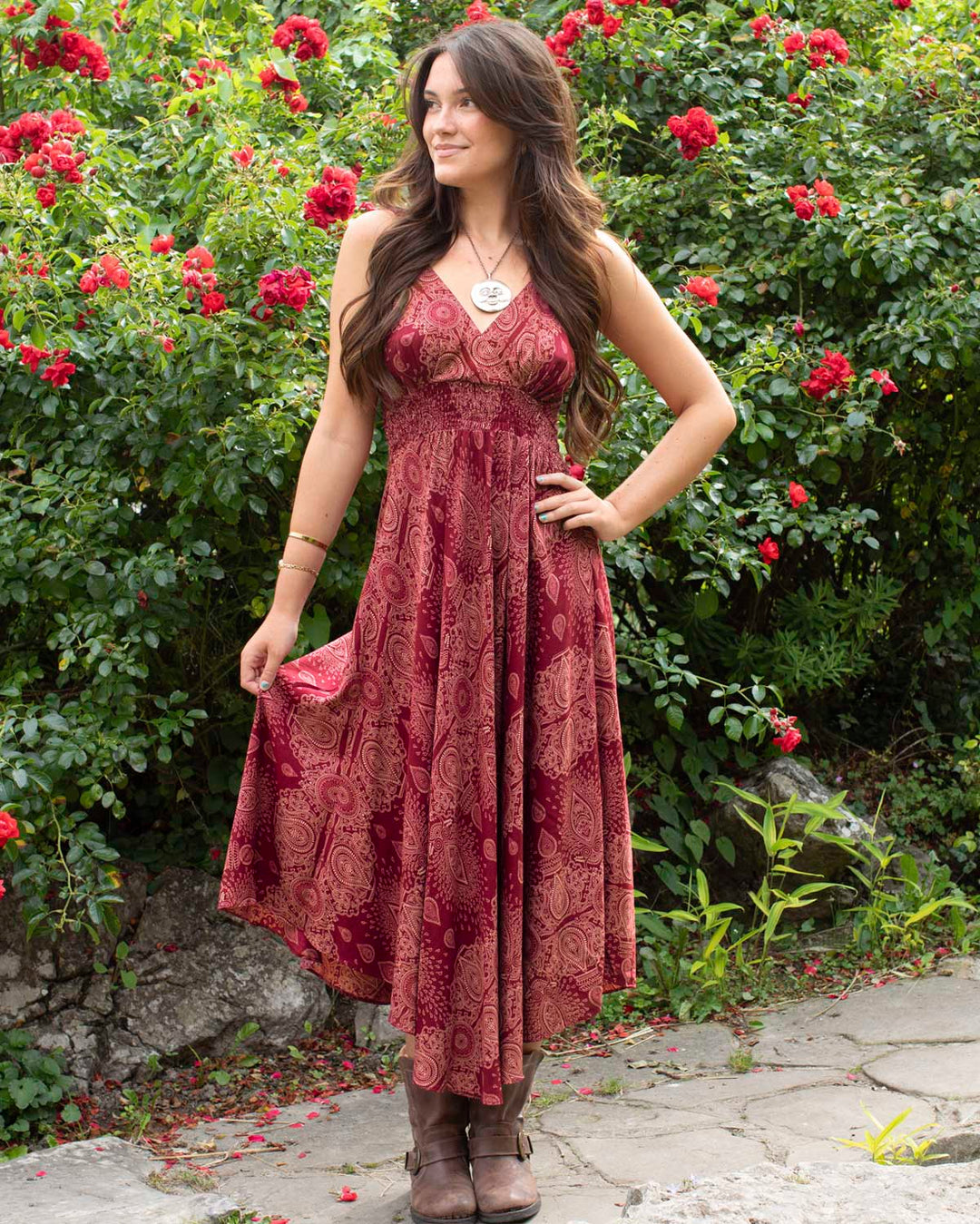 Shanti Bohemian Dress Dark Red Paisley