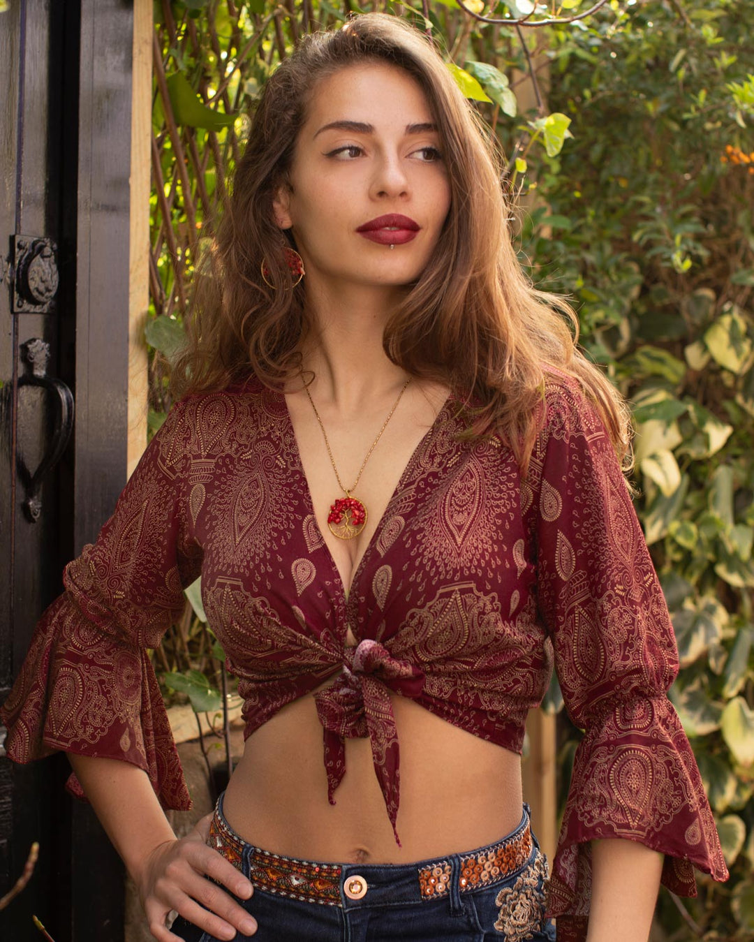 Butterfly Bell Sleeve Wrap Crop Top Dark Red