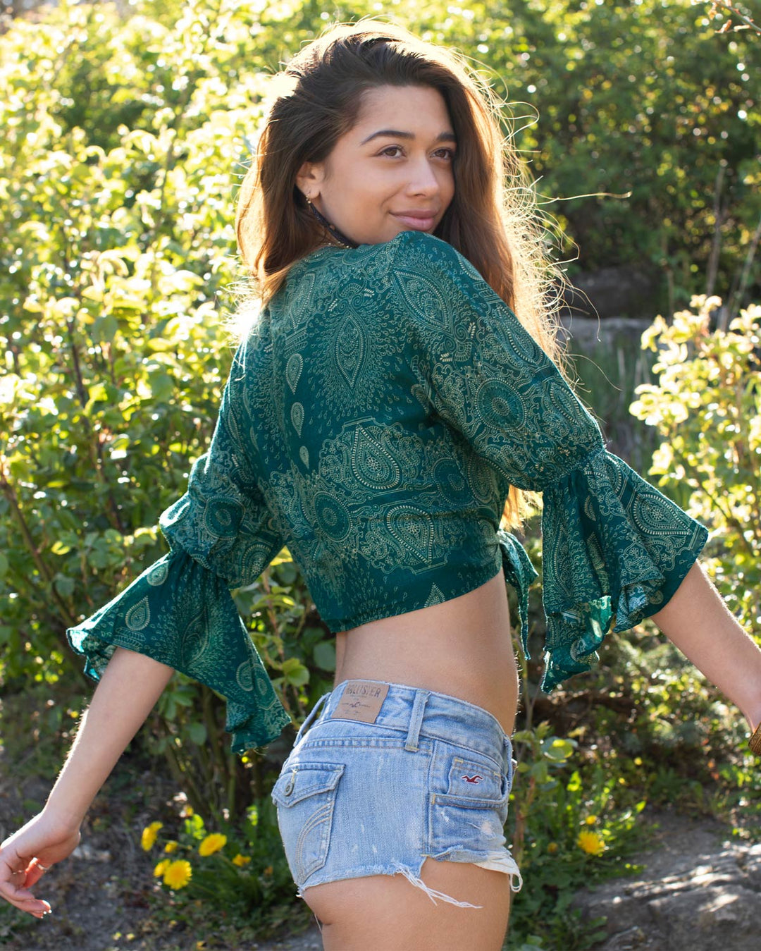 Butterfly Bell Sleeve Wrap Crop Top Turquoise