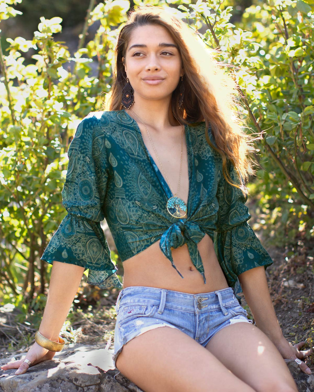 Butterfly Bell Sleeve Wrap Crop Top Turquoise