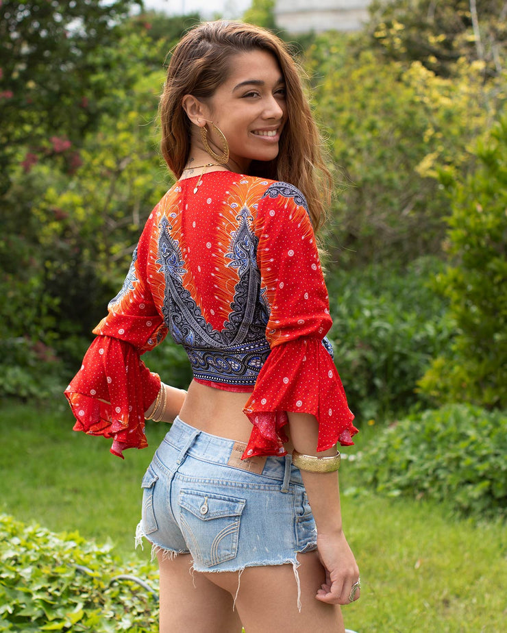 Butterfly Bell Sleeve Wrap Crop Top Red