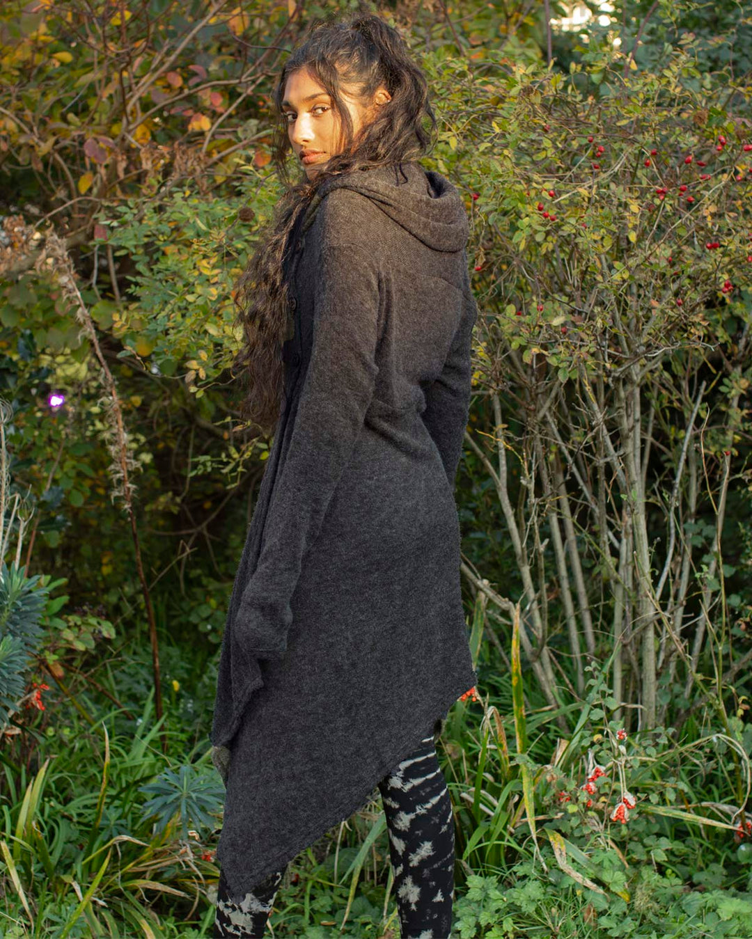 "Selene" Asymmetric Long Cardigan Charocal