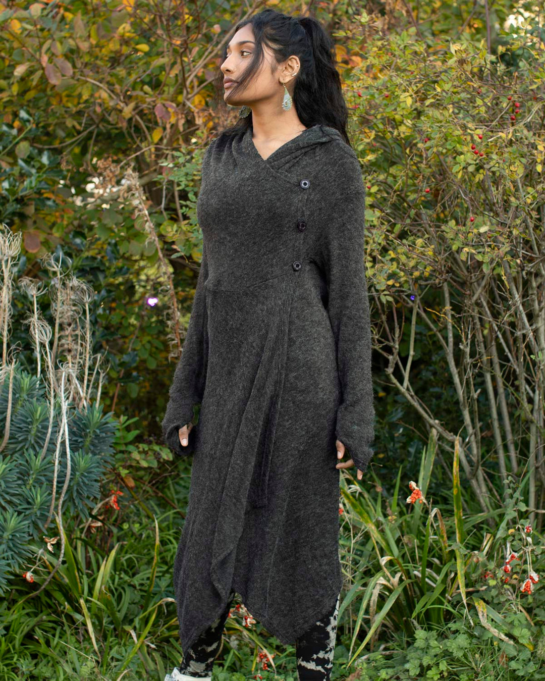 "Selene" Asymmetric Long Cardigan Charocal