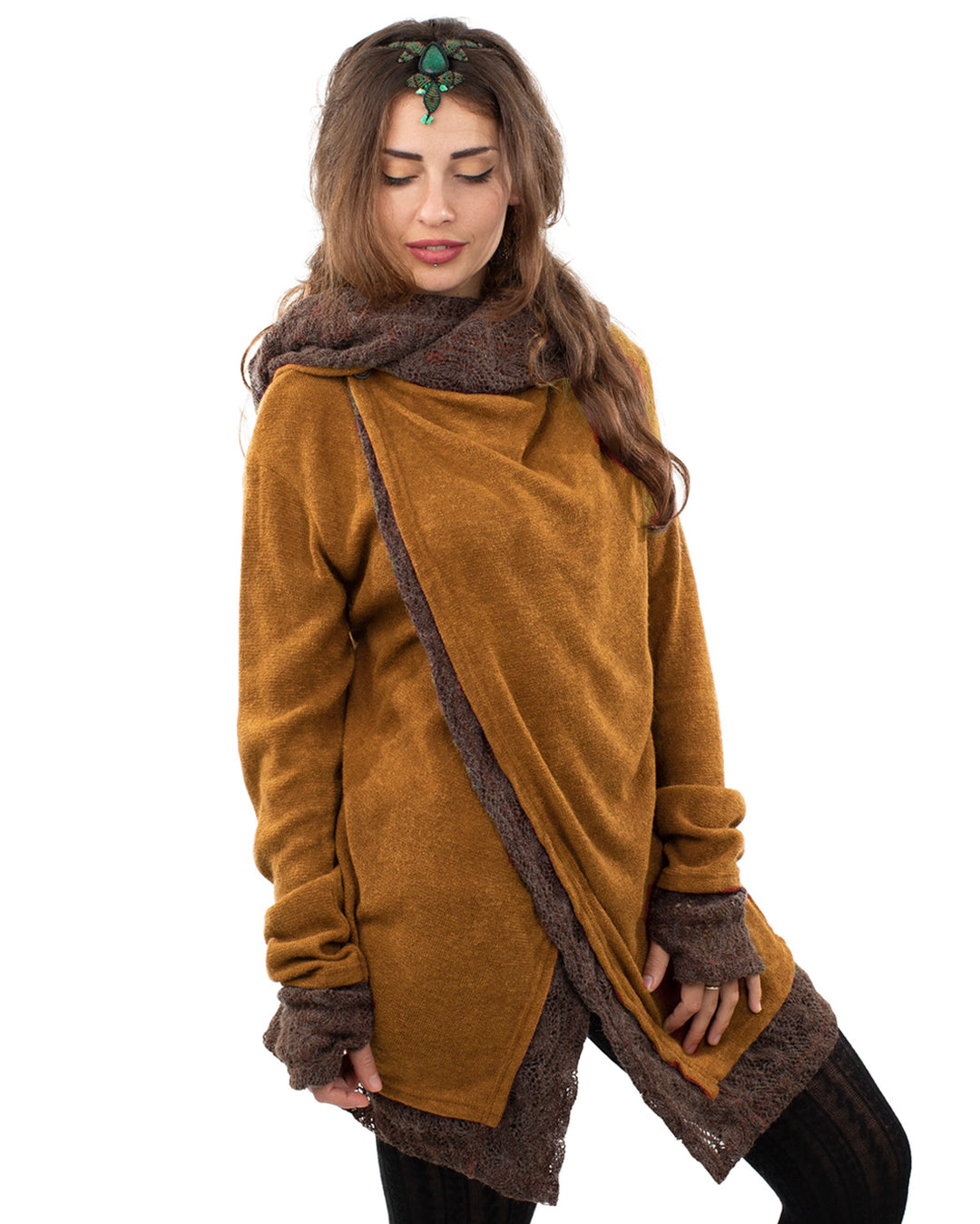 Solstice Crochet Lace Hooded Cardigan Jacket Camel/Brown