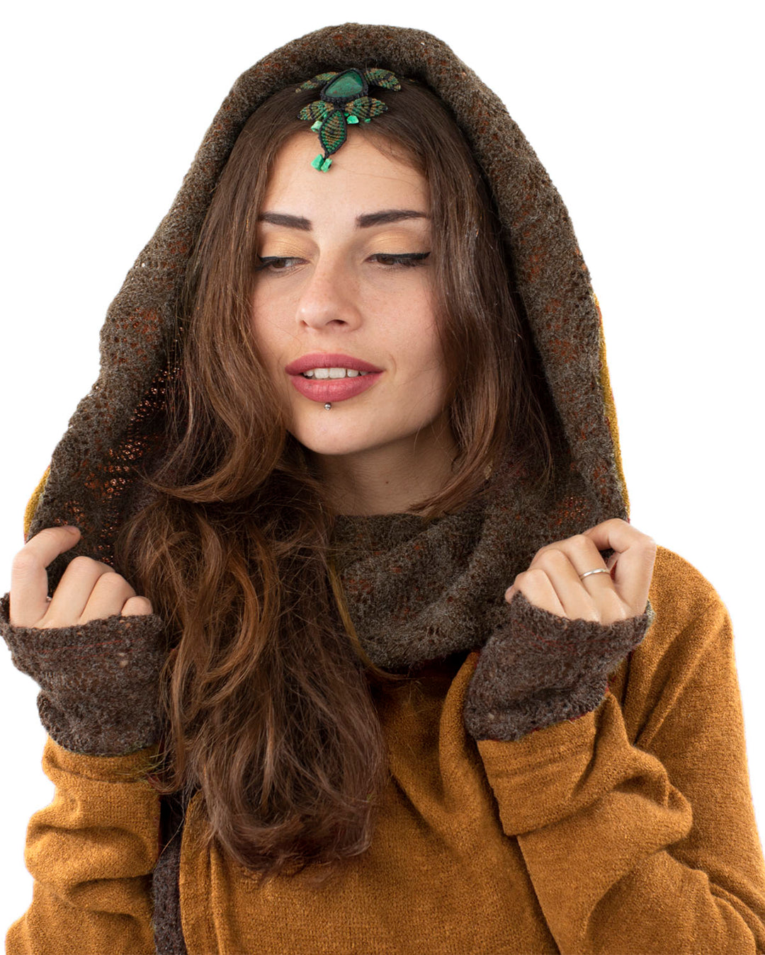 Solstice Crochet Lace Hooded Cardigan Jacket Camel/Brown