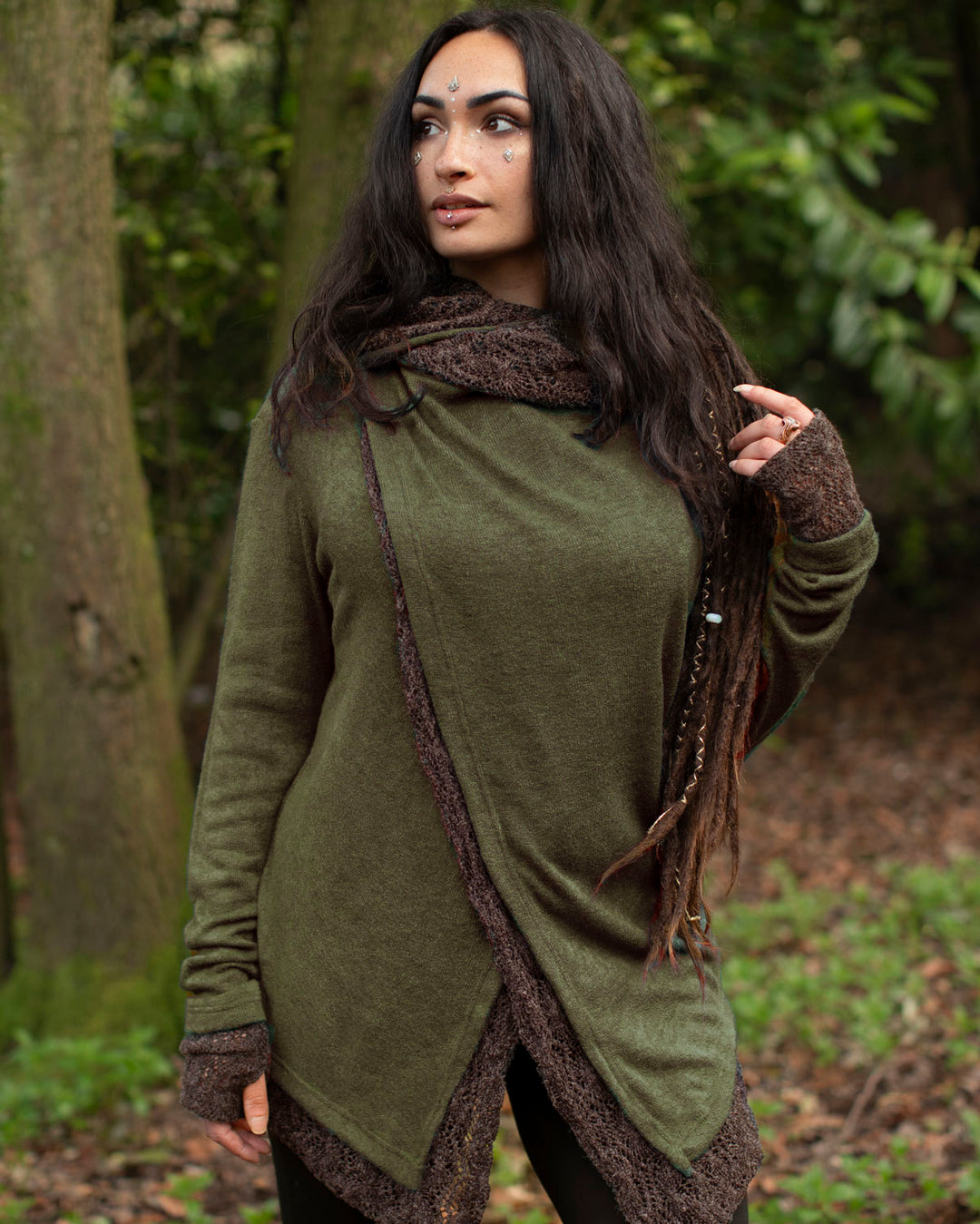 Solstice Crochet Lace Hooded Cardigan Jacket Olive/Brown