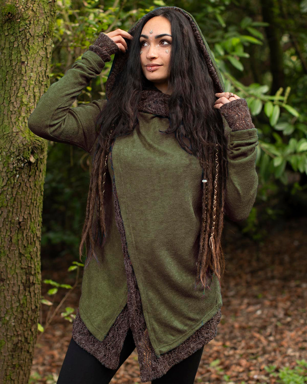 Solstice Crochet Lace Hooded Cardigan Jacket Olive/Brown
