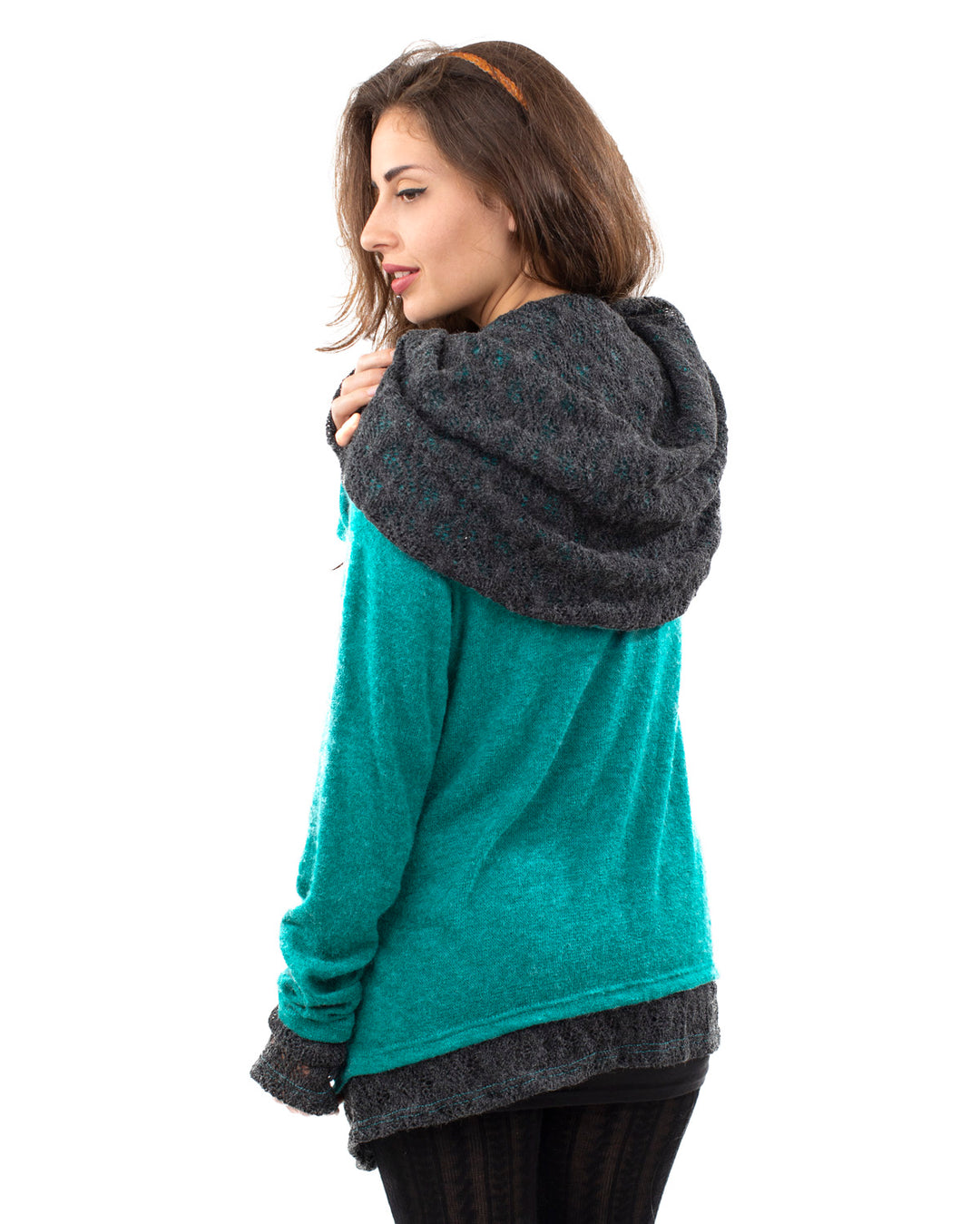 Solstice Crochet Lace Hooded Cardigan Jacket Turquoise/Grey