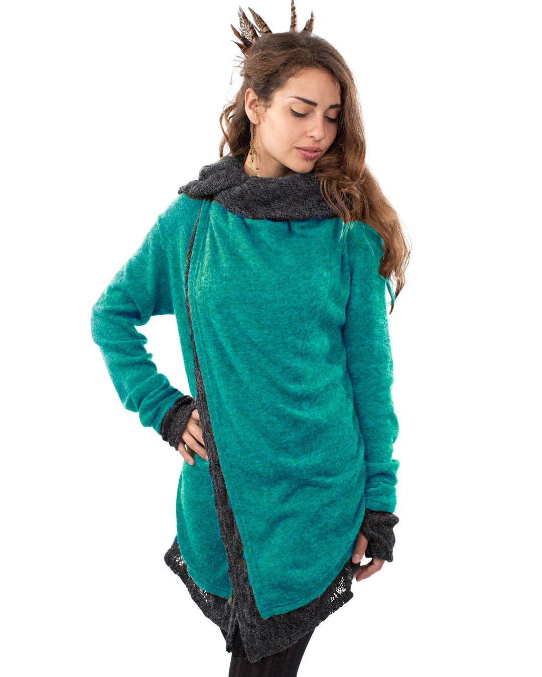 Solstice Crochet Lace Hooded Cardigan Jacket Turquoise/Grey