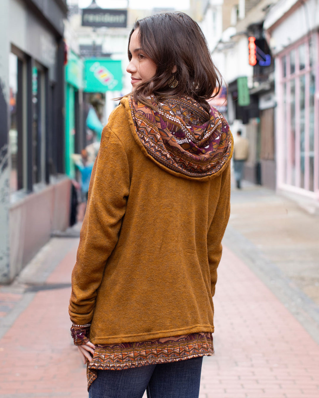 Aztec Hooded Cardigan Jacket Camel