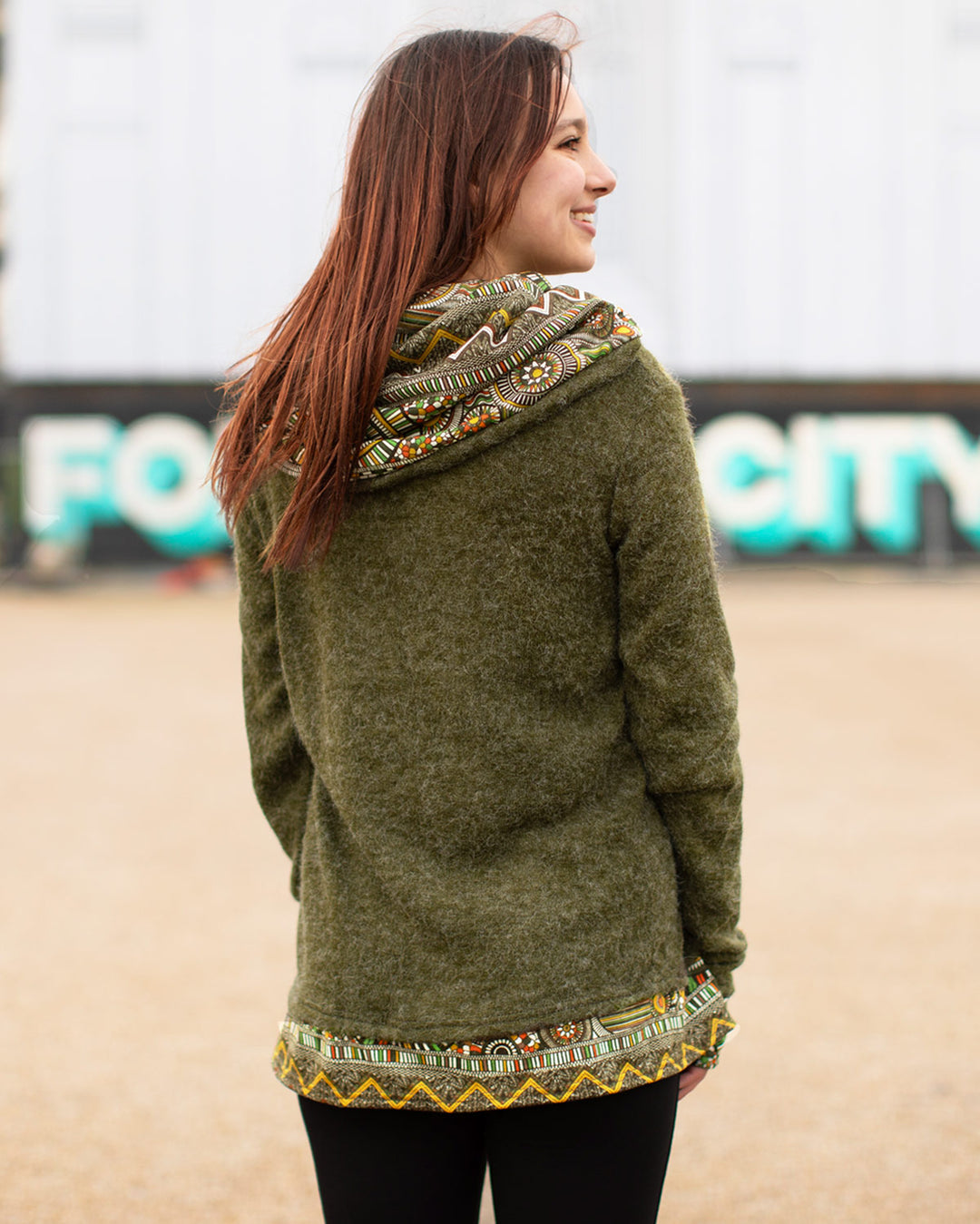 Aztec Hooded Cardigan Jacket Olive Green