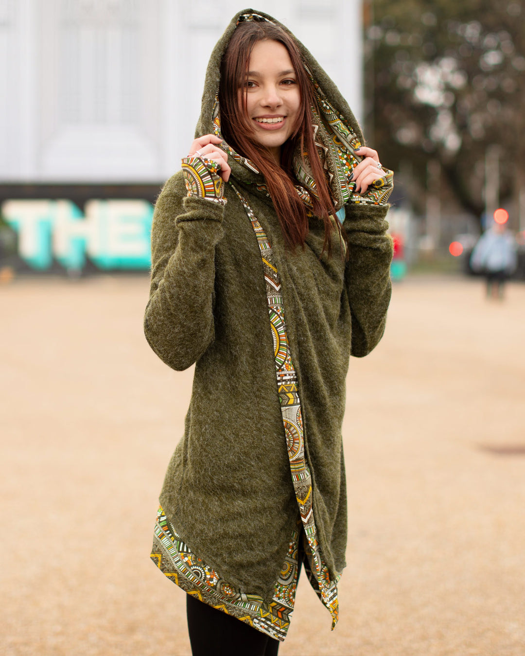 Aztec Hooded Cardigan Jacket Olive Green