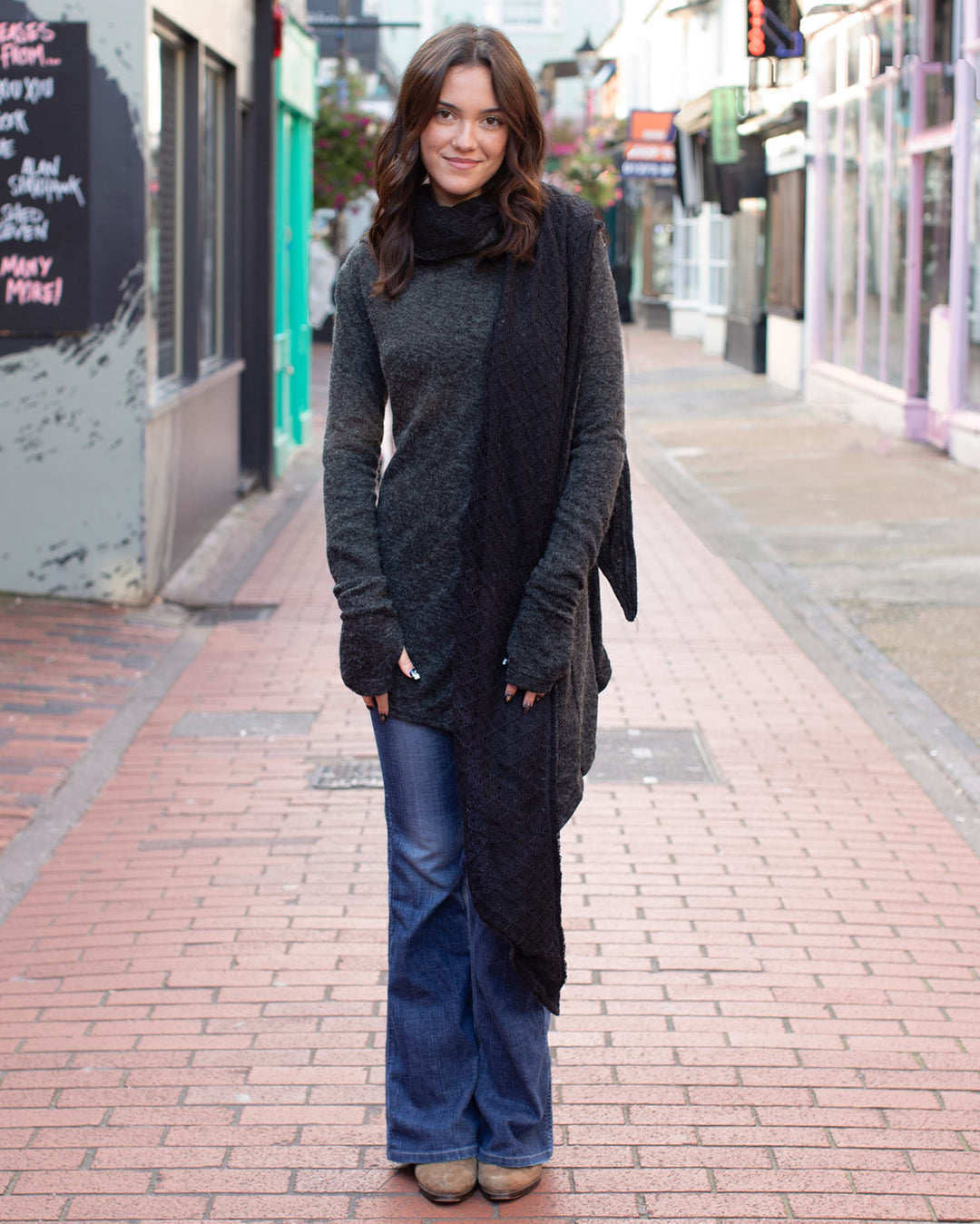 Lace Scarf Cardigan Charcoal/Black