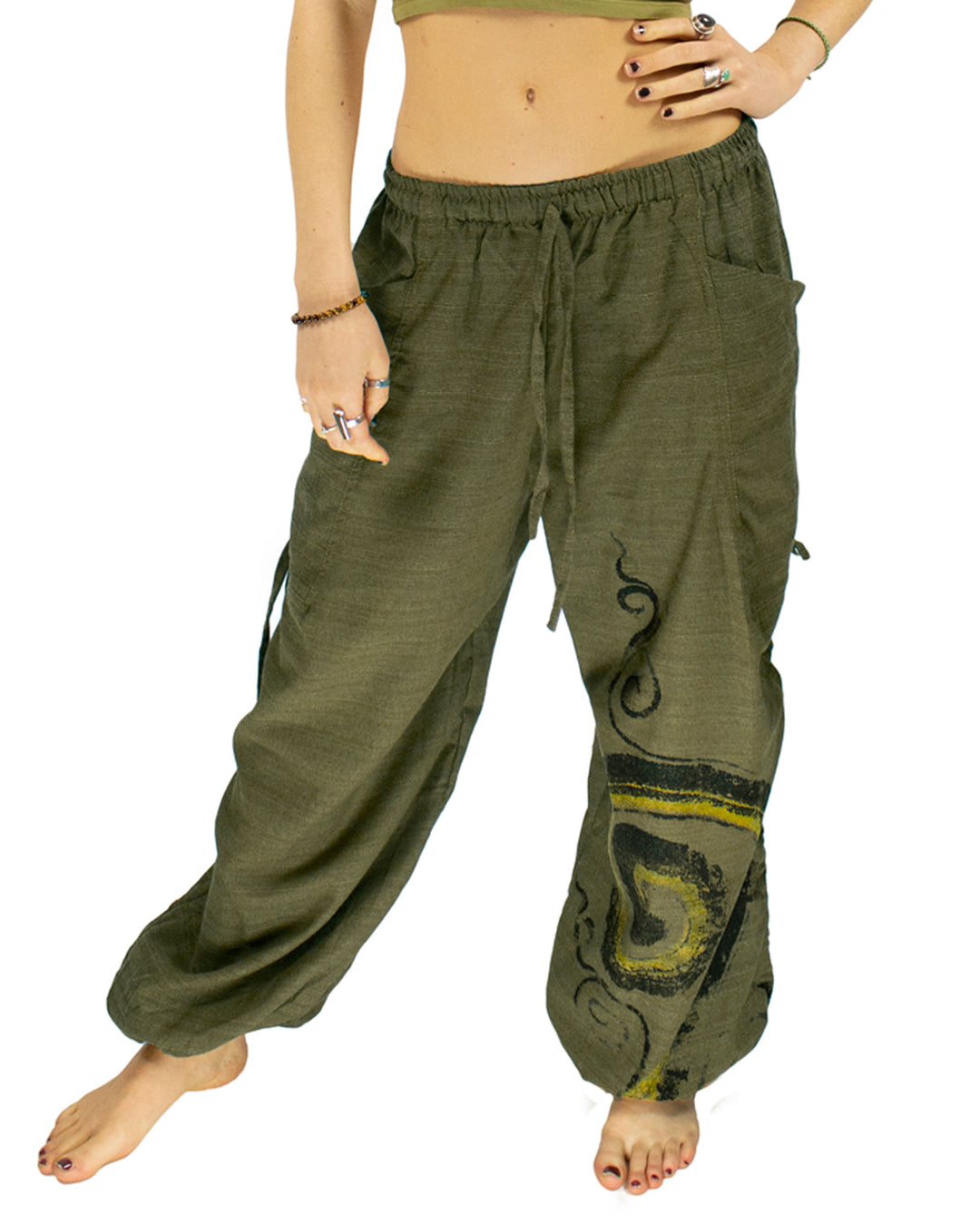 Cotton Low Rise Spiral Harem Pants Green Unisex