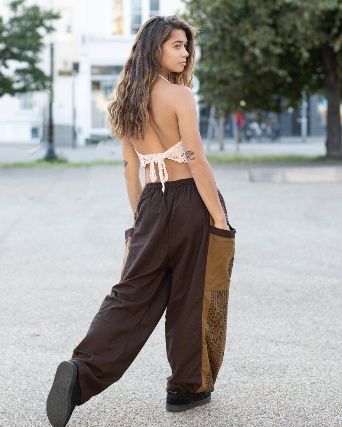 Aztec Sun Print Baggy Trousers Brown – blackpearlshop.co.uk
