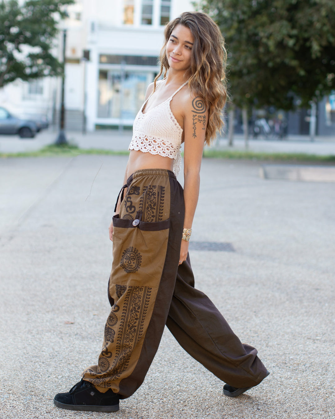 Aztec Sun Print Baggy Trousers Brown