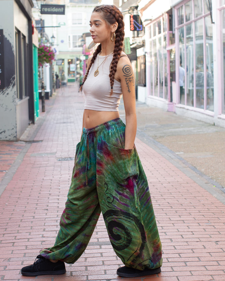 Green Spiral Tie Dye Harem Pants Unisex