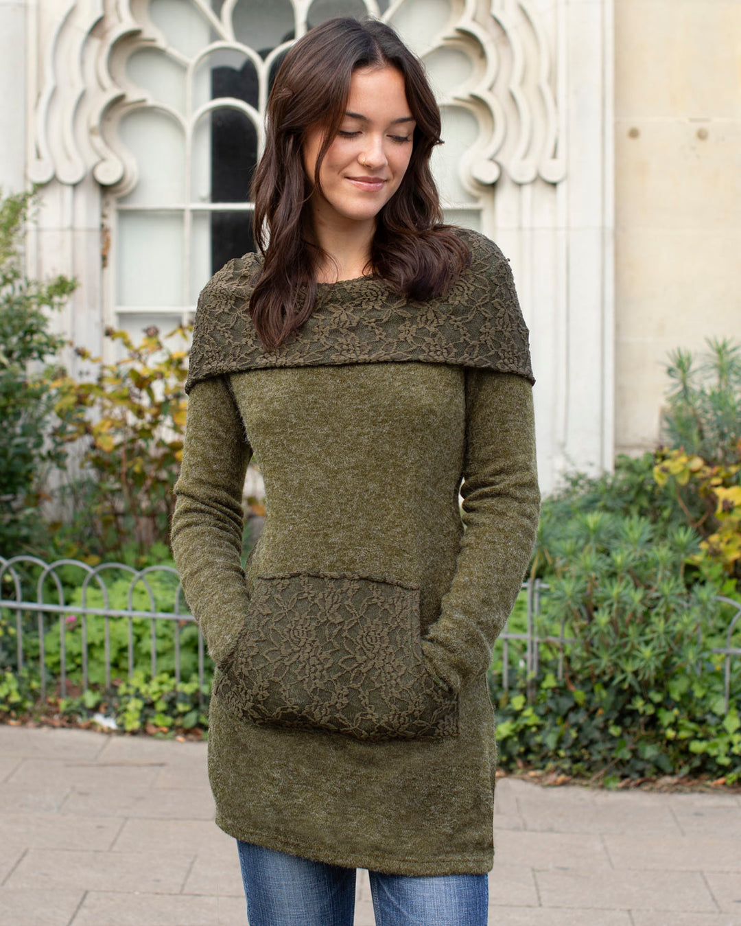 Off the Shoulder Lace Jumper Dress Olive Green