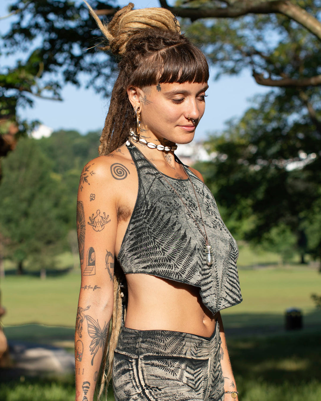 Forest Fern Tie Dye Halterneck Crop Top Black