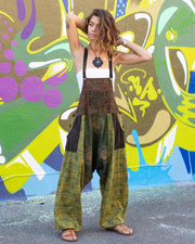 Patchwork Ohm Mandala Baggy Dungarees Green