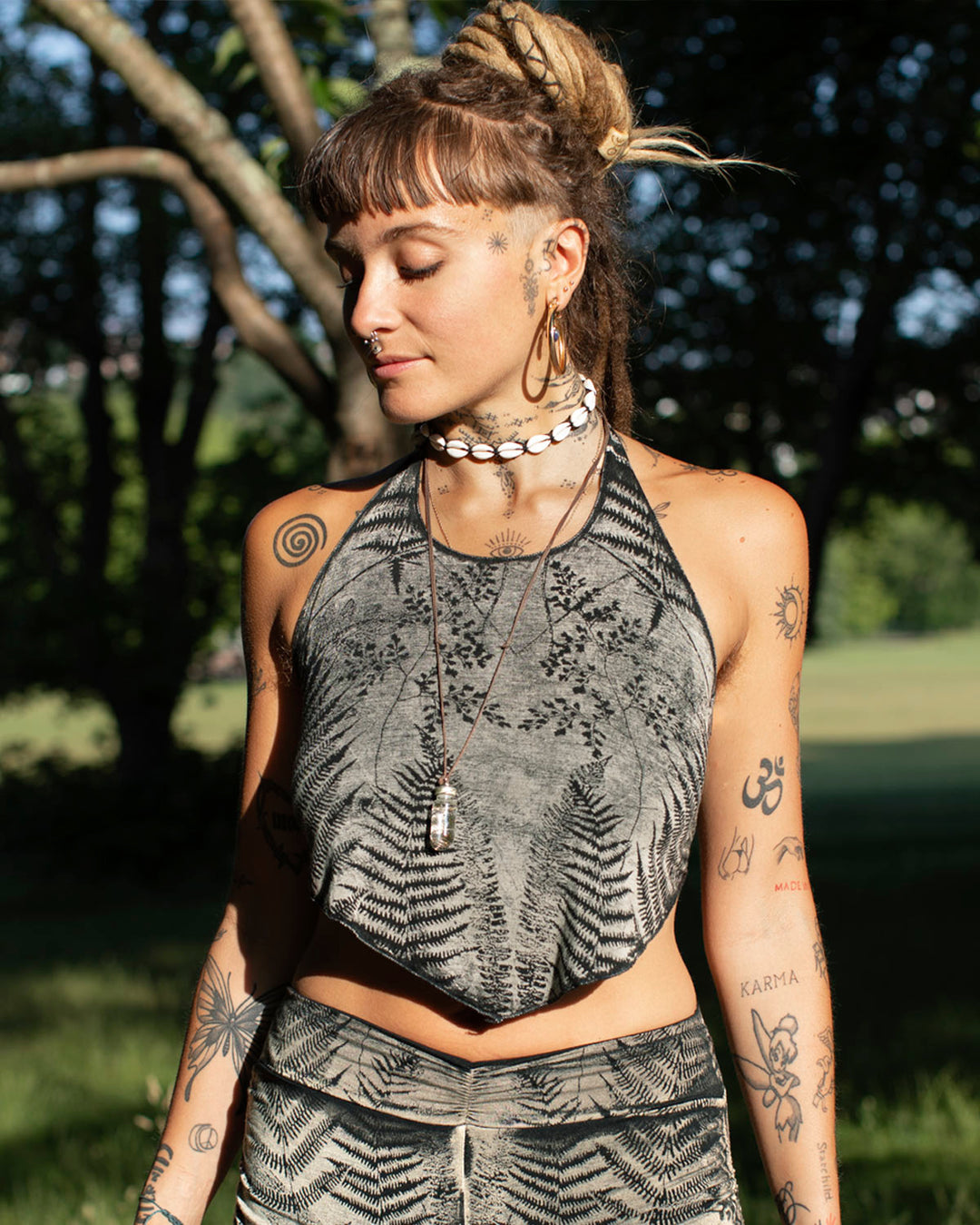 Forest Fern Tie Dye Halterneck Crop Top Black