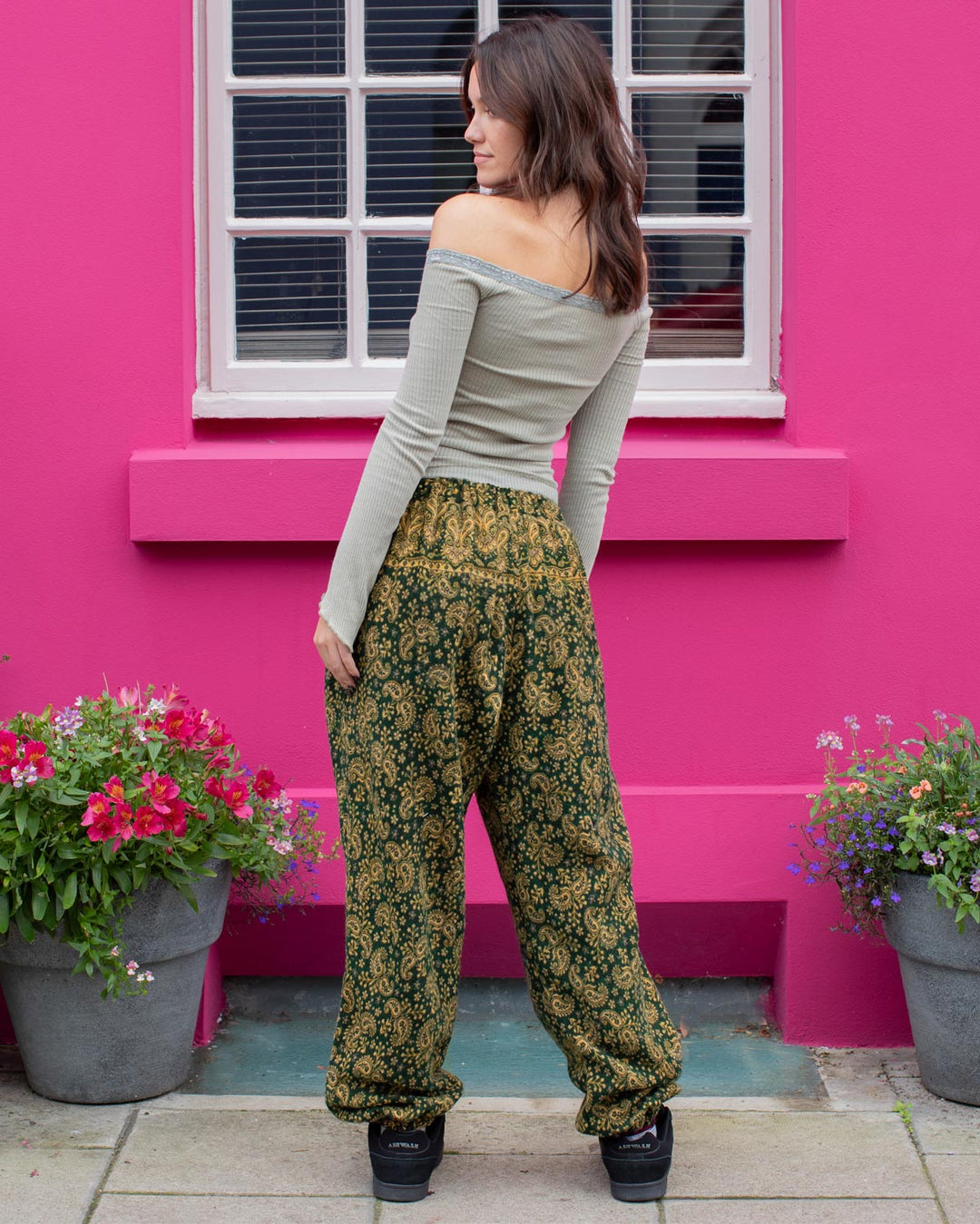 Flowers and Paisley Winter Harem Pants Green