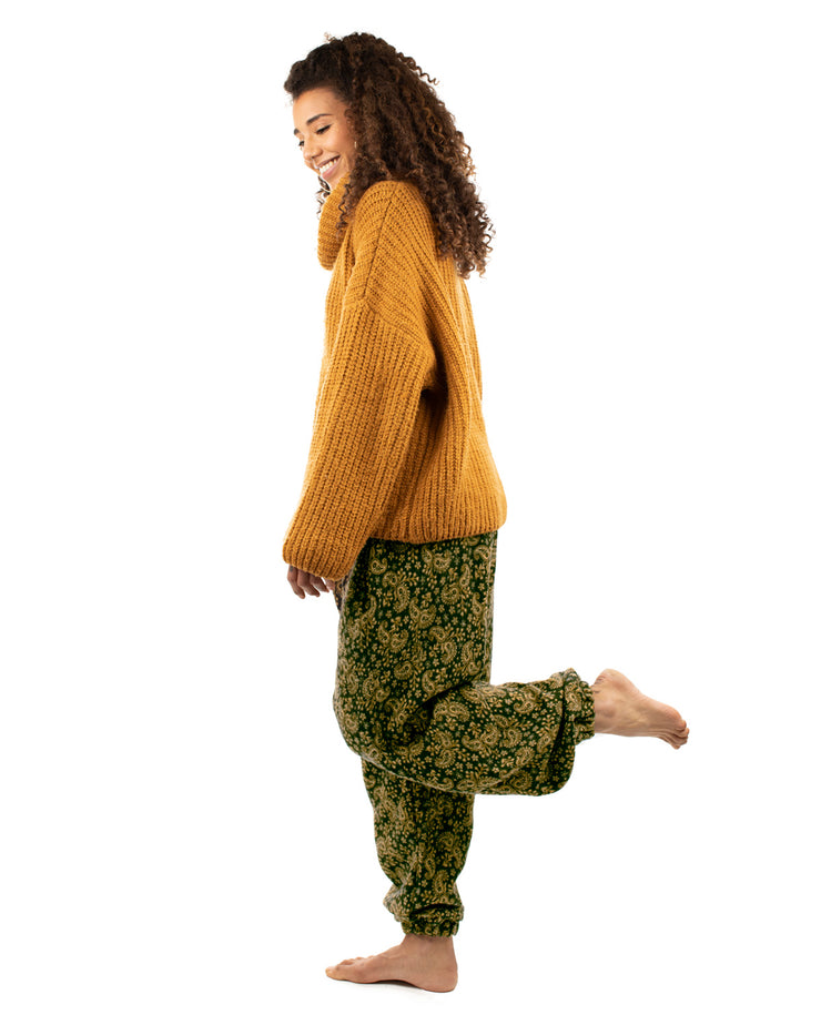 Flowers and Paisley Winter Harem Pants Green