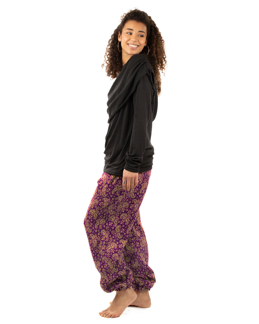 Flowers and Paisley Winter Harem Pants Purple