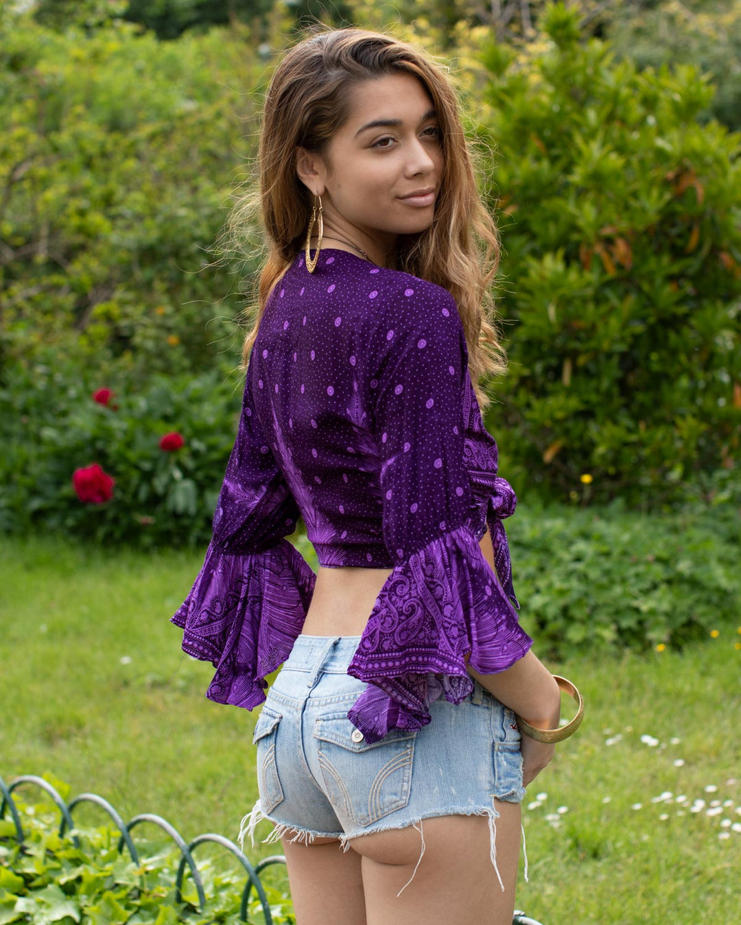 Butterfly Bell Sleeve Wrap Crop Top Purple