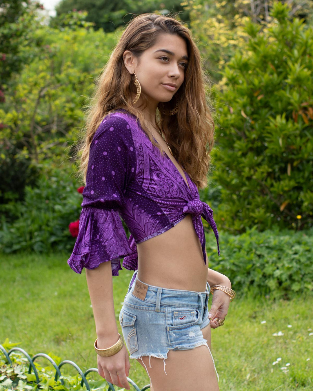 Butterfly Bell Sleeve Wrap Crop Top Purple