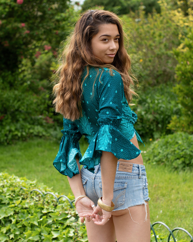 Butterfly Bell Sleeve Wrap Crop Top Turquoise