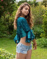 Butterfly Bell Sleeve Wrap Crop Top Turquoise