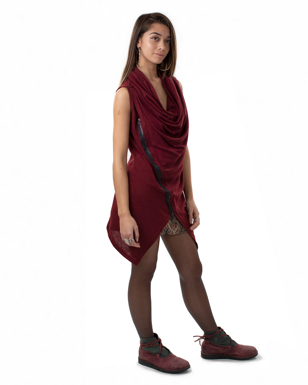 Xotiko Asymmetric Boho Sleeveless Cardigan Wine Red