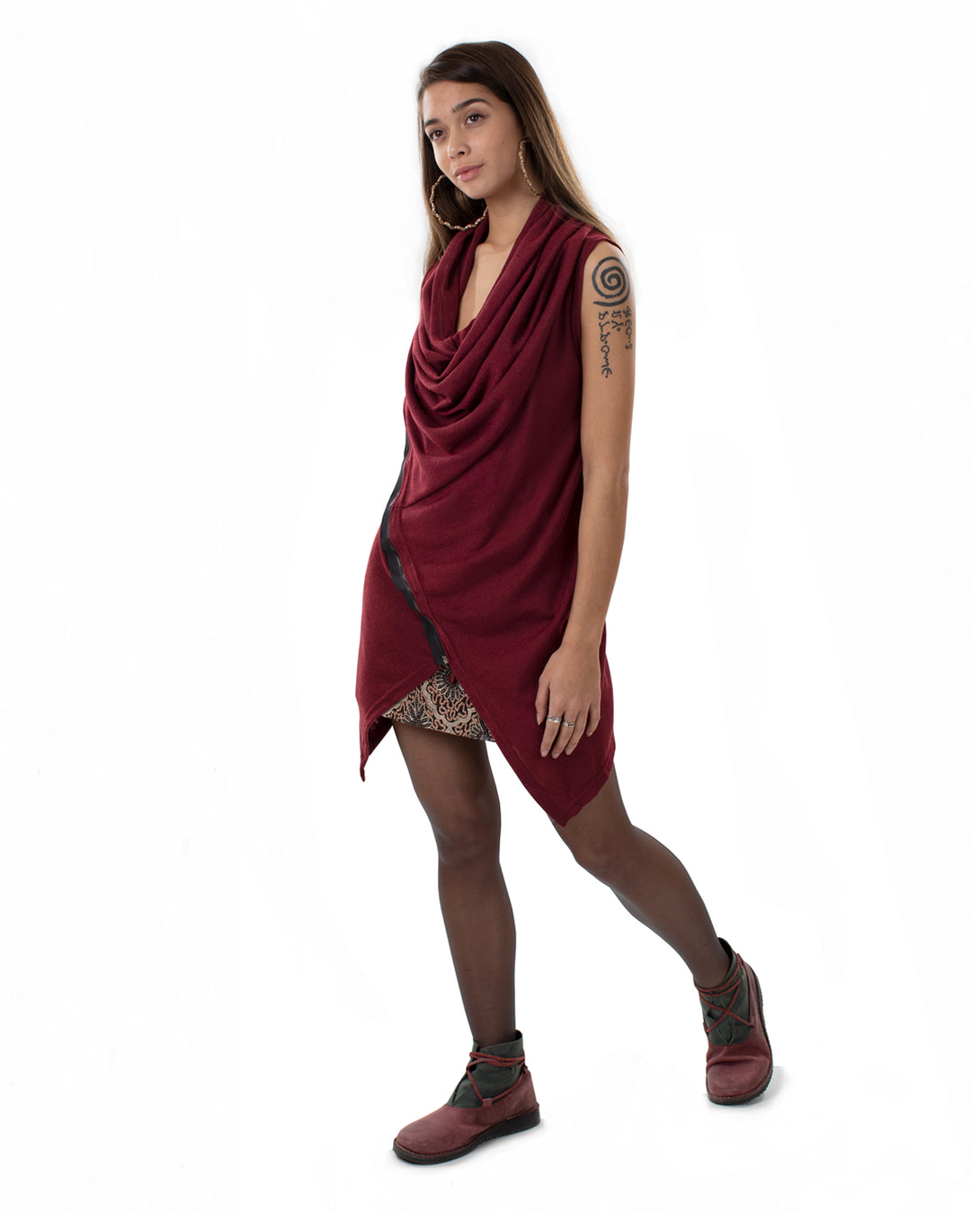 Xotiko Asymmetric Boho Sleeveless Cardigan Wine Red