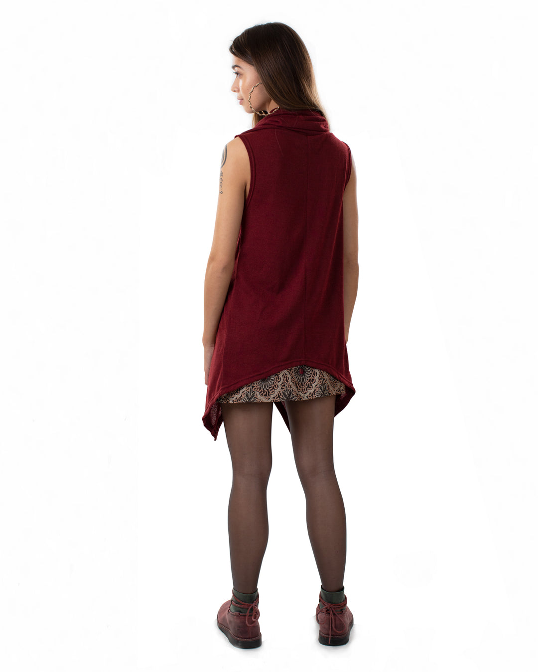 Xotiko Asymmetric Boho Sleeveless Cardigan Wine Red