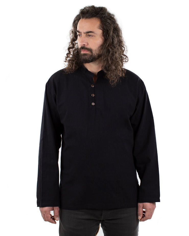Collarless Long Sleeved Cotton Shirt Black
