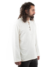 Collarless Long Sleeved Cotton Shirt Cream