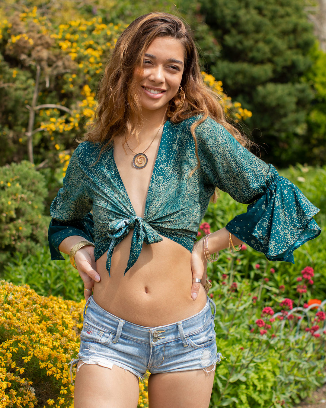 Butterfly Bell Sleeve Wrap Crop Top Turquoise