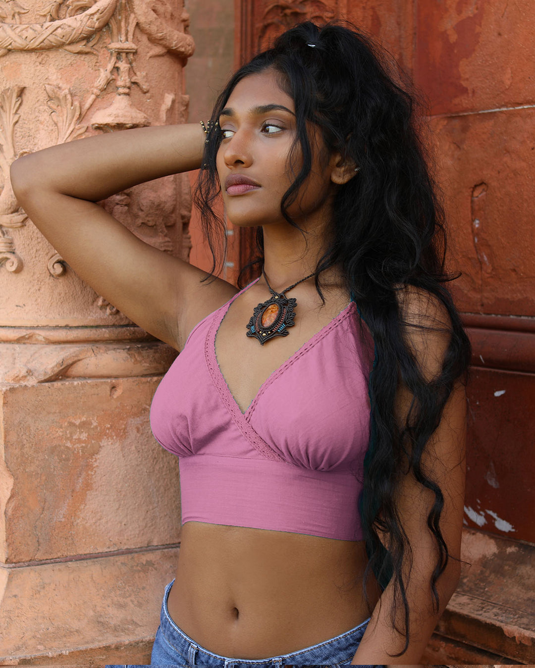 Cotton Bikini Crop Top Dark Pink