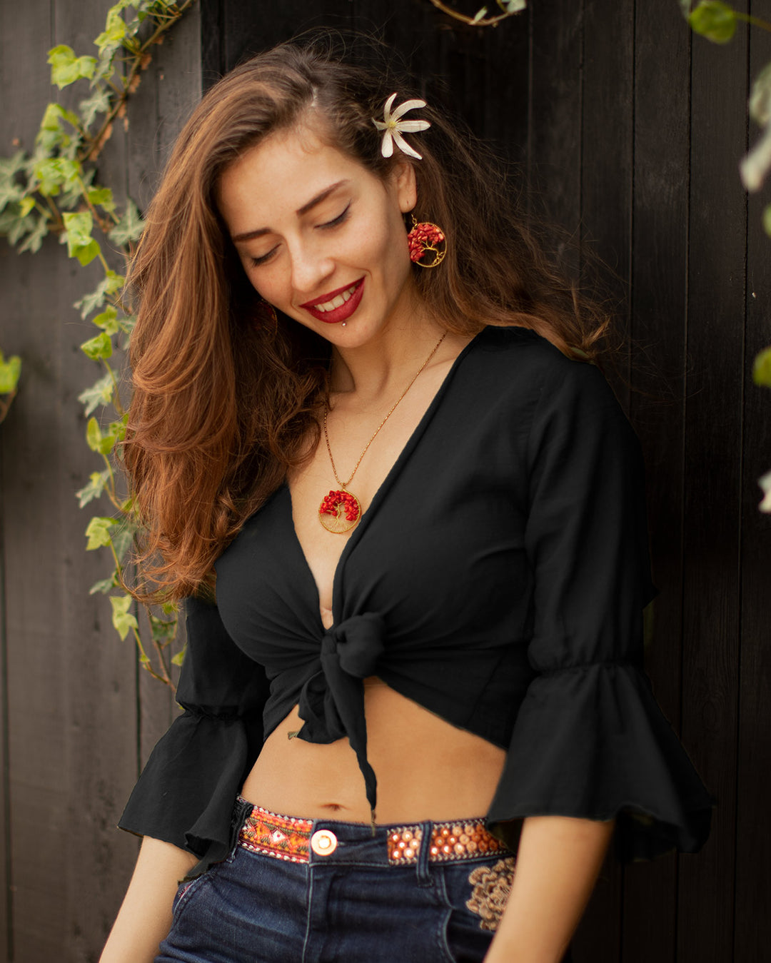 Cotton Butterfly Bell Sleeve Wrap Crop Top Black