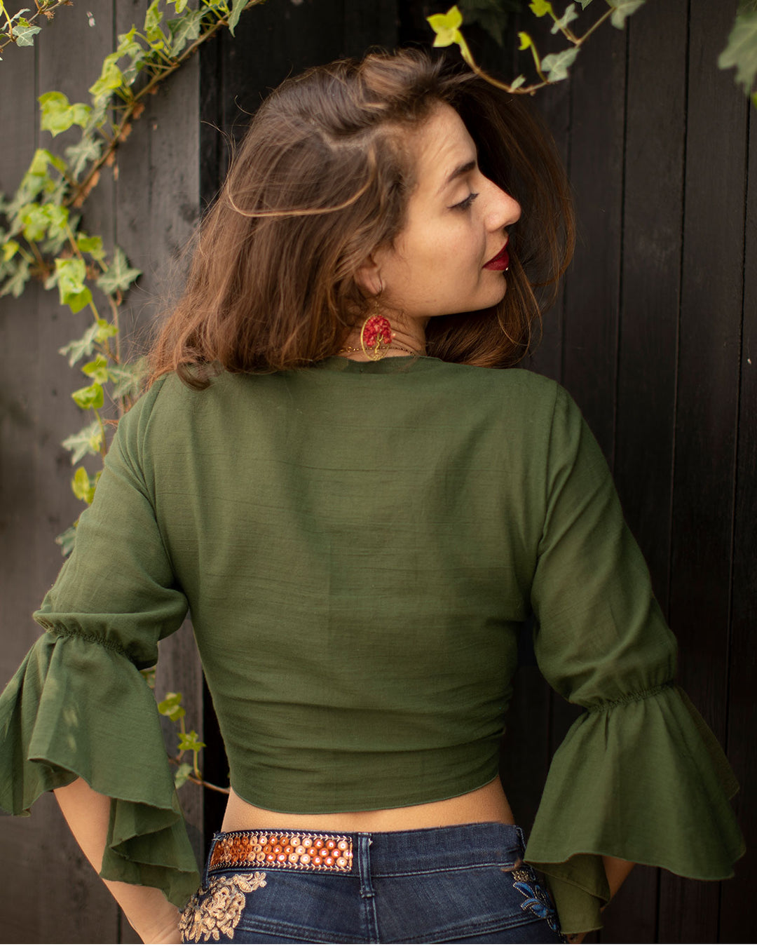 Cotton Butterfly Bell Sleeve Wrap Crop Top Green